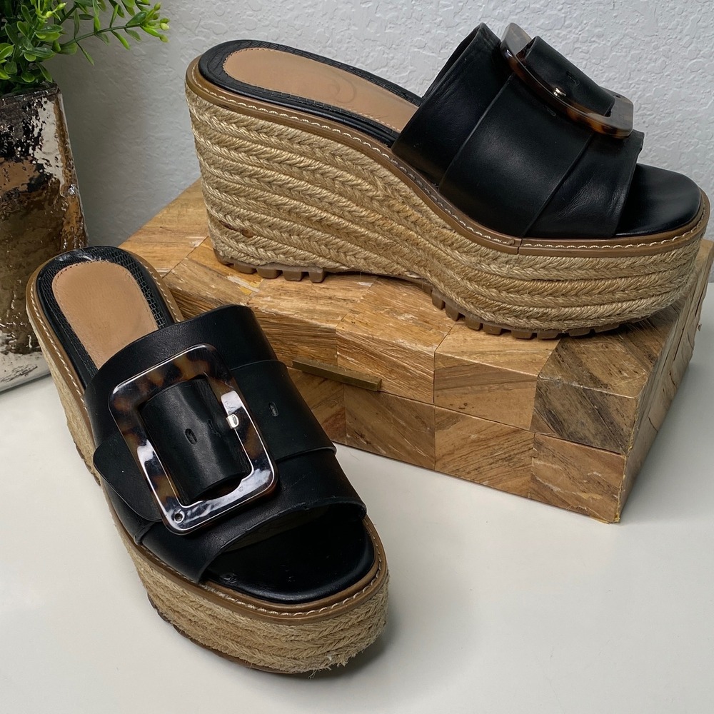 Sam Edelman‎ Livi Platform Espadrille Slide Sandals Black Leather Size 6.5